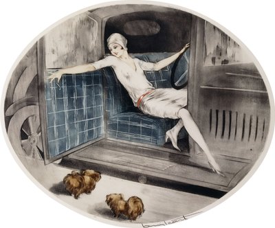 Vrouw in een Auto met Twee Pekinezen door Louis Icart