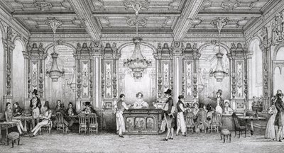 Cafe de la Banque de France gebouwd door architect Dusillon en gelegen aan Place de Victoire - Gravure van Schaal - 1839 door Louis Jacques Nicolas Schaal