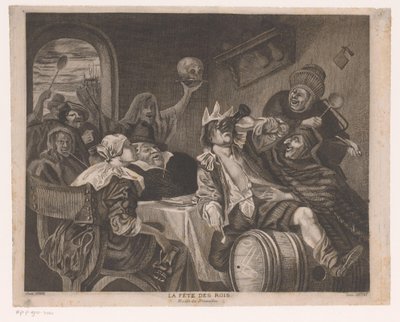 Feestend gezelschap met een drinkende man met kroon door Louis Jaugey