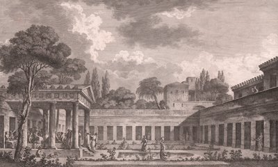 Ideale reconstructie van Villa van Diomedes in Pompeii naar de oorspronkelijke staat voor de vulkaanuitbarsting van de Vesuvius in 79 na Christus, Campania, Italië, ets naar tekening van Louis Jean Desprez (1743-1804) door Louis Jean (after) Desprez