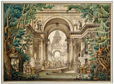 Processie in een tempel. Decorontwerp voor een toneelstuk, 18e of begin 19e eeuw door Louis Jean Desprez