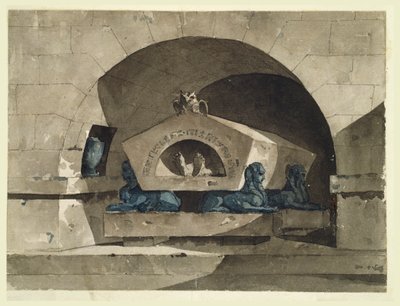 Graf in Egyptische stijl met sfinxen en een uil door Louis Jean Desprez