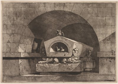 Graf met sfinx: Funerair monument met een uil op een sarcofaag ondersteund door sfinx, ca. 1779-84 door Louis Jean Desprez