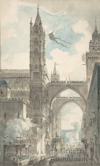 Gezicht op de poort en hoofdingang van de kathedraal van Palermo tijdens het festival door Louis Jean Desprez