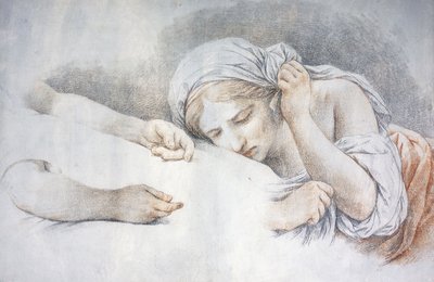 Een jong meisje rust haar hoofd op de schoot van een ander meisje door Louis Jean François Lagrenée