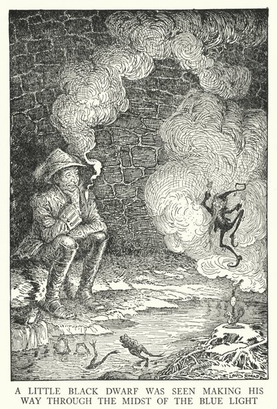 Een kleine zwarte dwerg werd gezien die zijn weg baande door het midden van het blauwe licht (litho) door Louis John Rhead