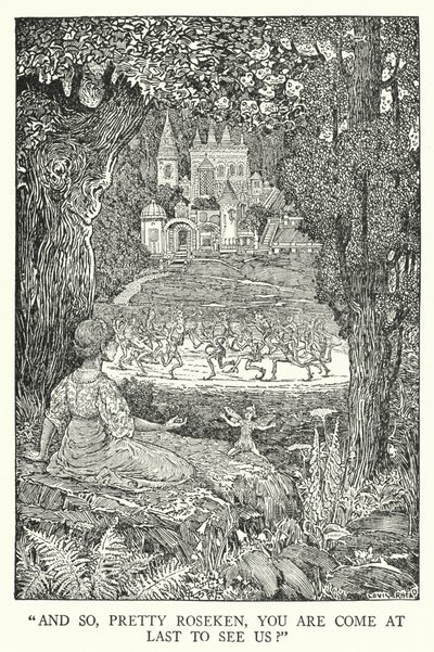 "En zo, lieve Roseken, ben je eindelijk gekomen om ons te zien?" (litho) door Louis John Rhead