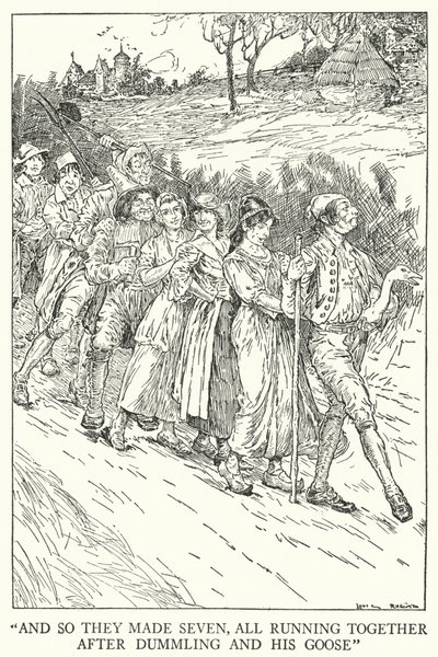 "En zo maakten ze zeven, allemaal rennend achter Duimelot en zijn gans aan" door Louis John Rhead