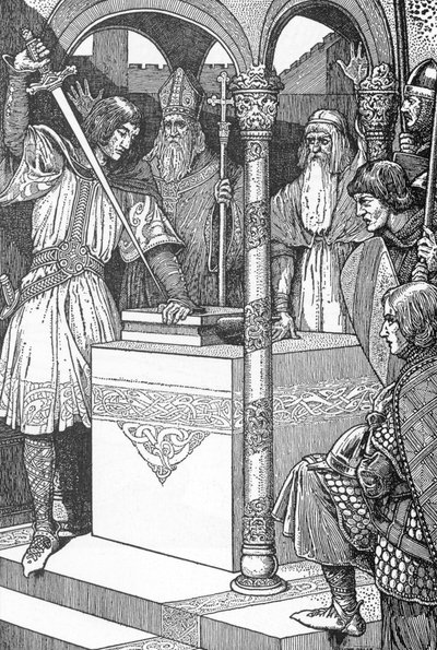 Arthur trok het zwaard Excalibur uit een aambeeld (Illustratie uit 