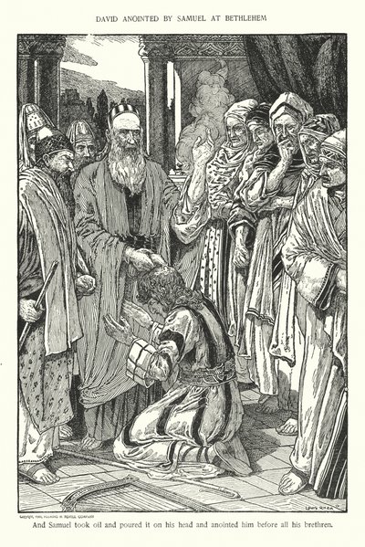 David gezalfd door Samuel in Bethlehem door Louis John Rhead