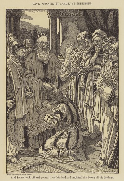 David gezalfd door Samuel in Bethlehem door Louis John Rhead