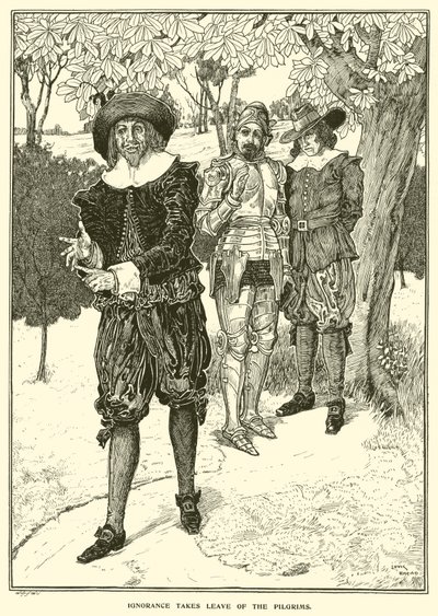 Onwetendheid neemt afscheid van de pelgrims (gravure) door Louis John Rhead