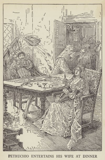 Petruchio vermaakt zijn vrouw tijdens het diner door Louis John Rhead