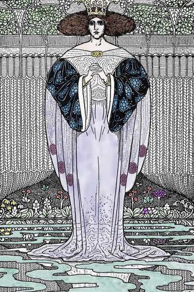 Voorstelling van de Dame van het Meer (Nimue, Viviane) Illustratie door Louis Rhead (1858-1926) voor “Koning Arthur en zijn ridders” door Louis John Rhead