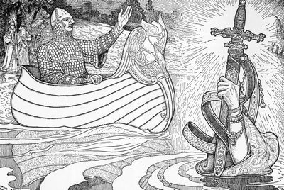 De Dame van het Meer geeft Koning Arthur het zwaard Excalibur door Louis John Rhead
