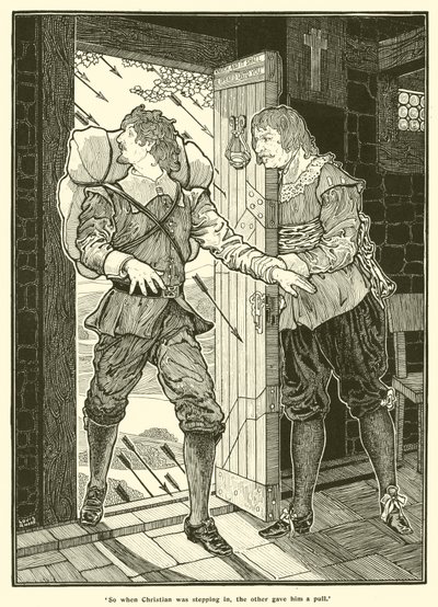 Dus toen Christian binnenstapte, gaf de ander hem een ruk (gravure) door Louis John Rhead