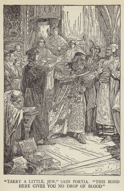 Wacht even, Jood, zei Portia, Deze overeenkomst geeft je geen druppel bloed door Louis John Rhead
