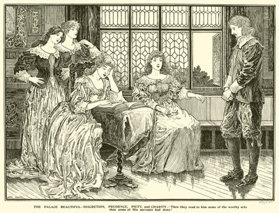 Het Prachtige Paleis, Discretie, Voorzichtigheid, Vroomheid en Liefdadigheid (gravure) door Louis John Rhead