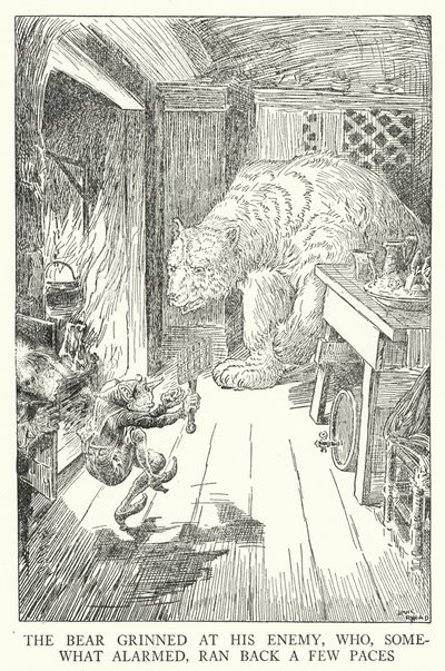 De beer grijnsde naar zijn vijand, die enigszins geschrokken een paar passen terugdeinsde (litho) door Louis John Rhead