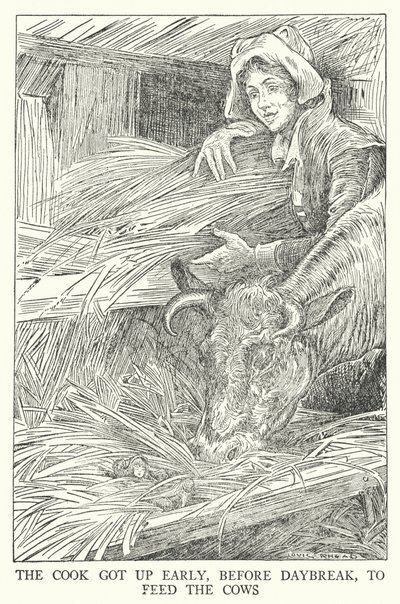 De kok stond vroeg op, voor zonsopgang, om de koeien te voeren door Louis John Rhead