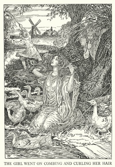 Het meisje ging door met het kammen en krullen van haar haar (litho) door Louis John Rhead