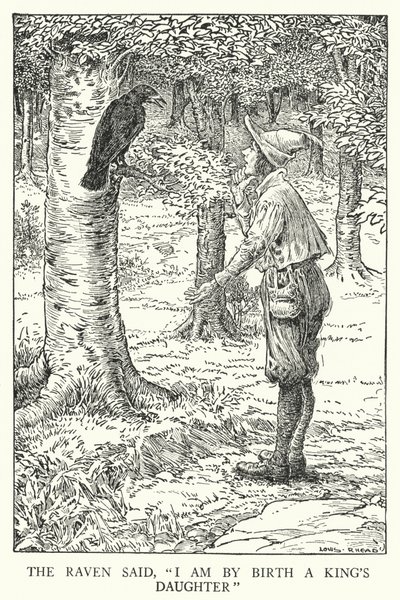 De raaf zei: "Ik ben van geboorte een koningsdochter" (litho) door Louis John Rhead