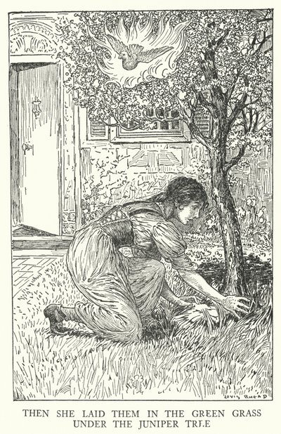 Toen legde ze hen in het groene gras onder de jeneverboom (litho) door Louis John Rhead