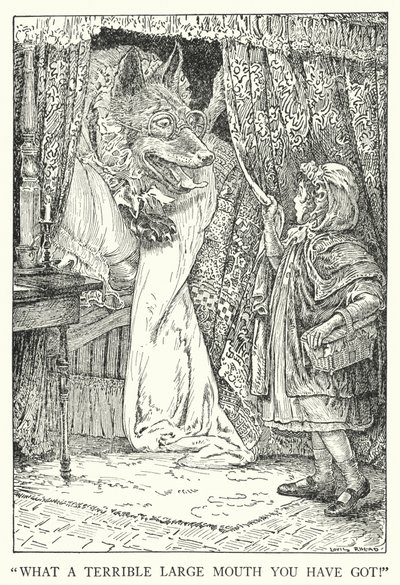 "Wat een verschrikkelijk grote mond heb je!" (litho) door Louis John Rhead