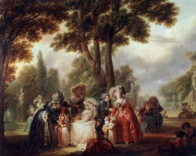 Verzameld in een park. Wereldlijke bijeenkomst van edelen in een tuin door Louis Joseph  Watteau