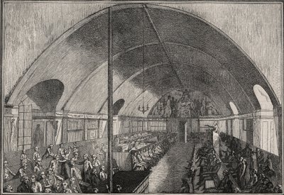 De oude club van de Jakobijnen rue Saint-Honoré (Klooster van de Jakobijnen) - Een zitting in de club van Jakobijnen - Alexandre de Lameth zit voor terwijl Mirabeau een toespraak houdt (januari-februari 1791) Gravure door Masquelier - Bijeenkomst in de zaa door Louis Joseph I Masquelier