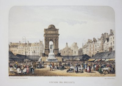 Fontein van de Onschuldigen, Parijs. Lithografie aquarel, illustratie door Arnout, in 