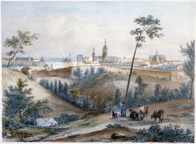 Bouvier op het Bretonse platteland (Dinan in de verte) - lithografie door Jacottet en Benoist door Louis Julien Jacottet