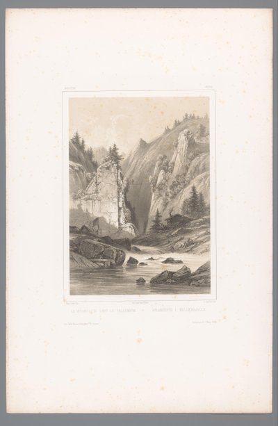 Zicht op een brug over een rotskloof in Telemark (Gezichten in Scandinavië) door Louis Julien Jacottet