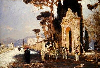 Een Italiaanse weg met een barokke parktuinpoort door Louis Kolitz