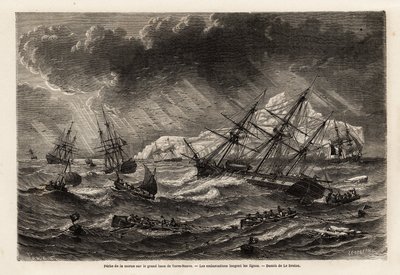 Kabeljauw vissen op de Grand Bank van Newfoundland, de boten volgen de lijnen, tekening door Lebreton, om de reis naar Newfoundland in 1860 door A. de Gobineau te illustreren. Gravure in 