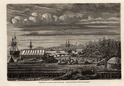 Voorbereiding van kabeljauw in de baai van Cap Rouge, het schoonmaken van de vis en het verzamelen van levers om olie te winnen, vervolgens zouten in de hut op palen, tekening door Lebreton, ter illustratie van de reis naar Newfoundland in 1860 door A. de  door Louis Le Breton