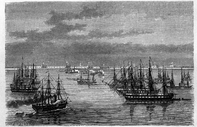 Uitzicht op het Frans-Engelse squadron in de monding van de Hai He-rivier in de Bohai Zee in Tanggu, China. Gravure door Lebreton, in 