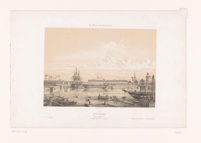 Zicht op het Bassin Napoléon III bij de haven van Cherbourg door Louis Le Breton
