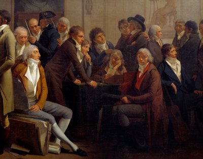 Bijeenkomst van kunstenaars in het atelier van de schilder Jean Baptiste Isabey door Louis Leopold Boilly