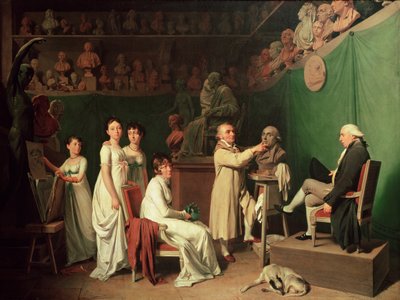 Jean Antoine Houdon beeldhouwt de buste van Pierre Simon Marquis de Laplace in aanwezigheid van zijn vrouw en dochters, 1804 door Louis Leopold Boilly