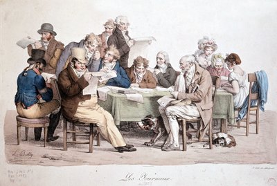 Mannen die kranten lezen - gravure van Louis Boilly getiteld 