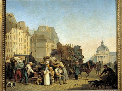 Parijse verhuizers laden een kar met zaken en meubels in een straat in Parijs door Louis Leopold Boilly