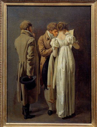 Prentliefhebbers Jonge mensen gekleed in de mode van het Eerste Keizerrijk bekijken een prent door Louis Leopold Boilly