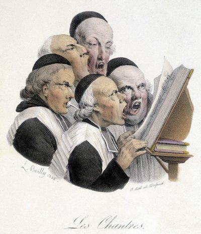 Zingende religieuze mannen (Les chantres). Karikatuur door L. Boilly uit 1826. door Louis Leopold Boilly