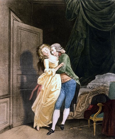 Zachte weerstand. Een man maakt avances naar een zeer elegante jonge vrouw. Gravure door Boilly door Louis Leopold Boilly