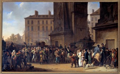 De dienstplichtigen van 1807 die langs de Porte Saint Denis in Parijs marcheren door Louis Leopold Boilly