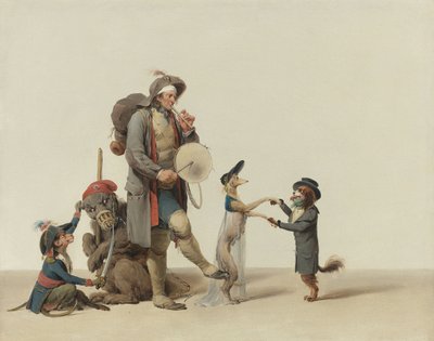 Een dierentrainer met dansende honden, een beer en een aap door Louis Leopold Boilly