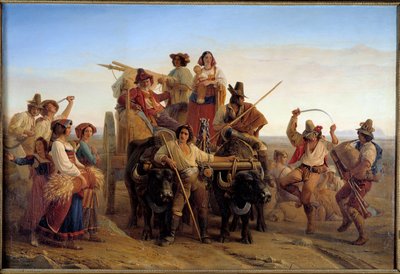 Aankomst van oogsters in de Pontijnse moerassen nabij Rome door Louis Leopold Robert