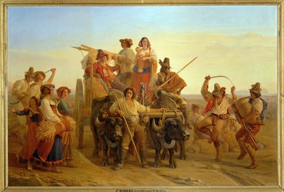 De aankomst van de oogstmachines in de moerassen van Pontins ... door Louis Leopold Robert