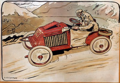 Automobiel: een raceauto. Marcel Renault (1872-1903) en Rene Vauthier steken de Alpen over tijdens de race PARIJS-WENEN in 1902 in auto 147. Lithografie door Louis Lucien Faure Dujarric (1872-?), 20e eeuw. Conservatoire national des Arts et Metiers, Parijs door Louis Lucien Faure Dujarric